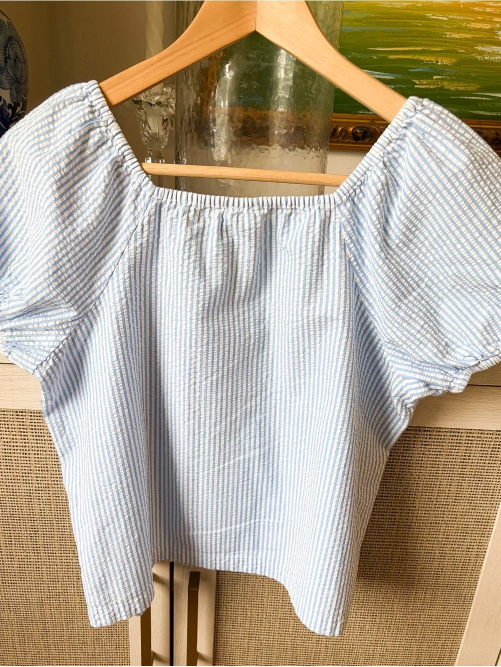 Crewcuts Light Blue SeerSucker Striped Puff-Sleeve Top-00C